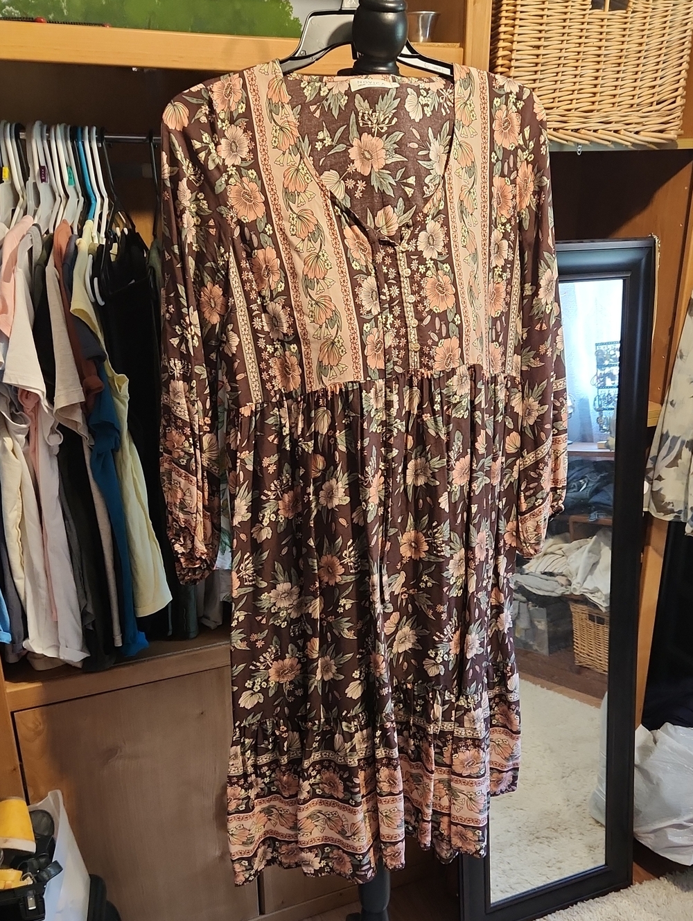 Floral Boho Long-Sleeve Midi Dress in Brown and Pink